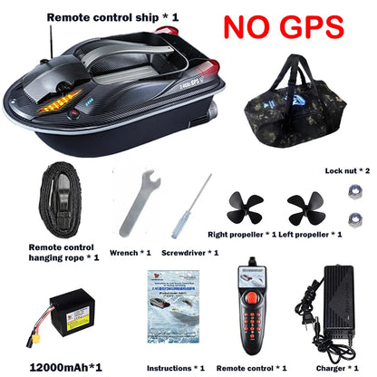 HJ817 RC Fishing Boat, RC fishing boat with remote, dual motors, 12000mAh battery, charger, props, and tools included; no GPS. Ideal for bait deployment and retrieval.