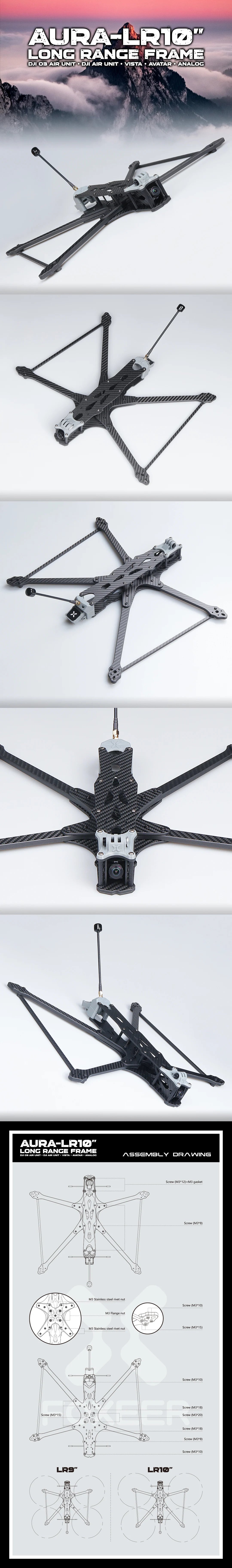 Foxeer Aura LR10 10inch FPV Frame, Foxeer Aura LR10 FPV frame features durable and lightweight design, made from high-quality T700 carbon fiber with silky coating.