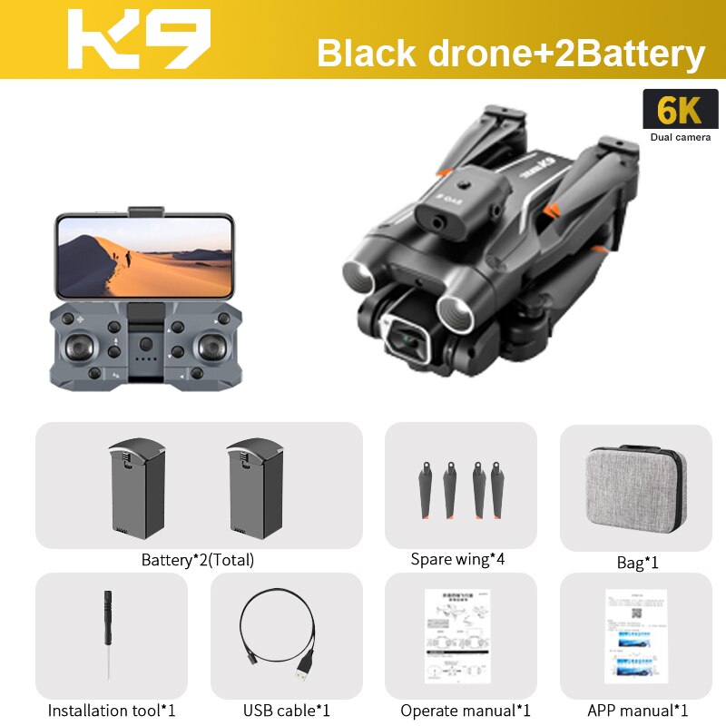 K9 RC Drone, KD Black drone+2Battery 6K Dual camera Battery