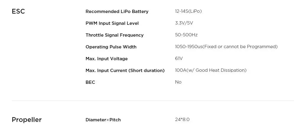 Hobbywing X6 plus Motor, ESC Recommended LiPo Battery 12-14S(LiPo) PWM In