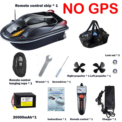 HJ817 RC Fishing Boat, RC fishing boat includes remote, battery, charger, props, tools, and bag; lacks GPS.
