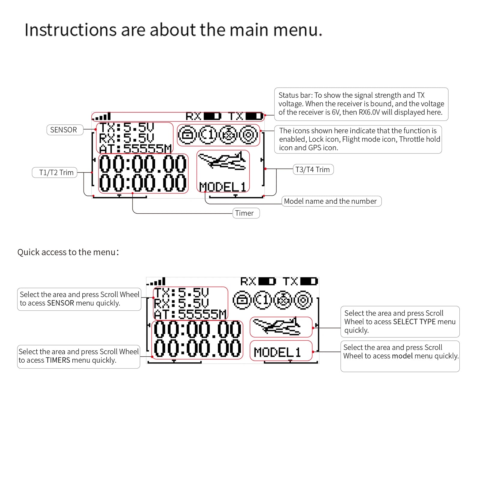 Flysky FS-ST8 Transmitter, RI SENSOR displays the signal strength and TX voltage in the main menu .