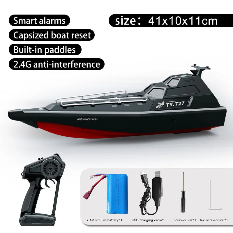 TY727 RC Boat features include turbojet pump, high-speed capabilities, auto capsize reset, and smart alarms.