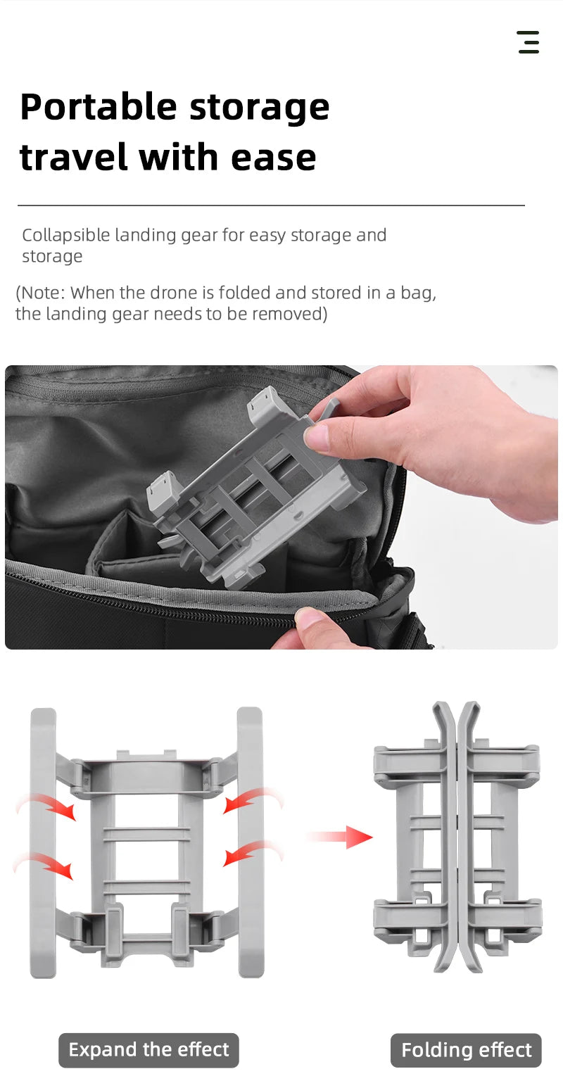 Foldable Landing Gear, the landing gear needs to be removed when the drone is folded and stored in a the landing