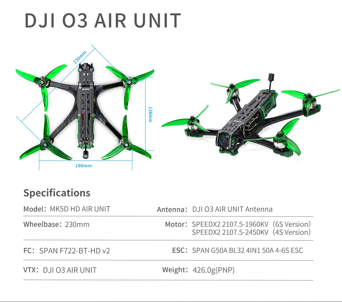 GEPRC MARK5 C HD O3 Freestyle FPV, DJI 03 AIR UNIT 3 190mm Specifications Model: MKSD HD