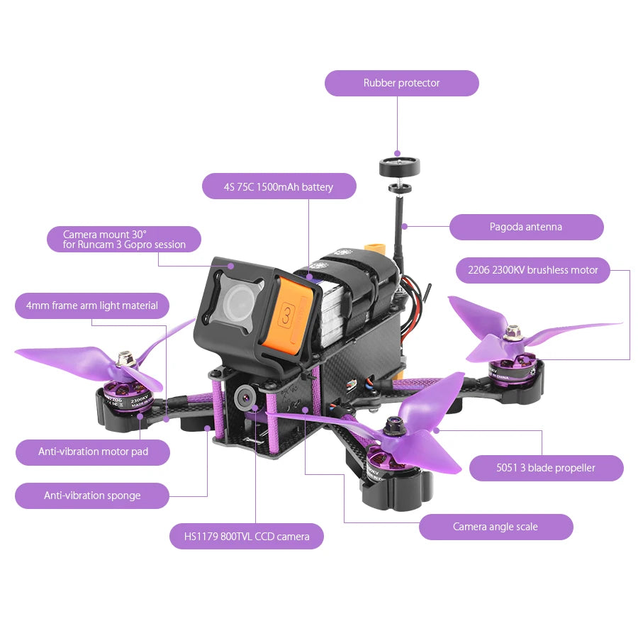 TCMMRC X220S FPV Racing Drone - 220mm Omnibus F4 5.8G 40CH 30A Dshot600 800TVL 2206 2300kv Quadcopter Dron freestyle 9 TCMMRC X220S FPV Racing Drone, Rubber protector 75C 1500mAh battery Pagoda antenna Camera mount 308 for Runcam
