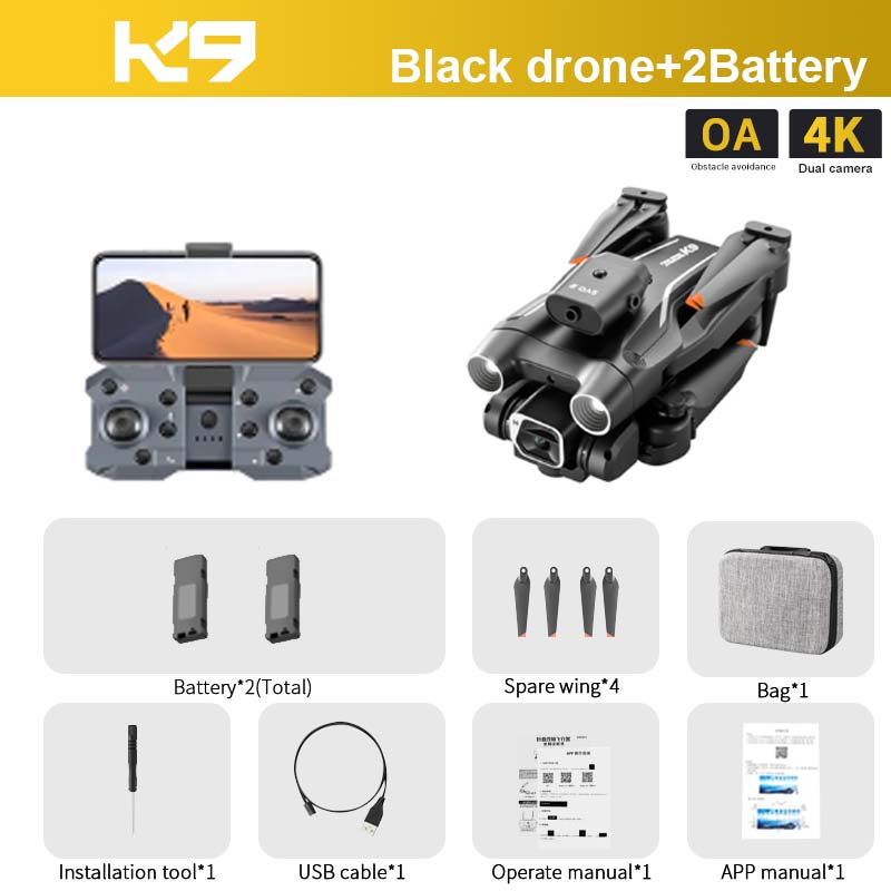 K9 RC Drone, KS Black drone+2Battery OA 4K Oh