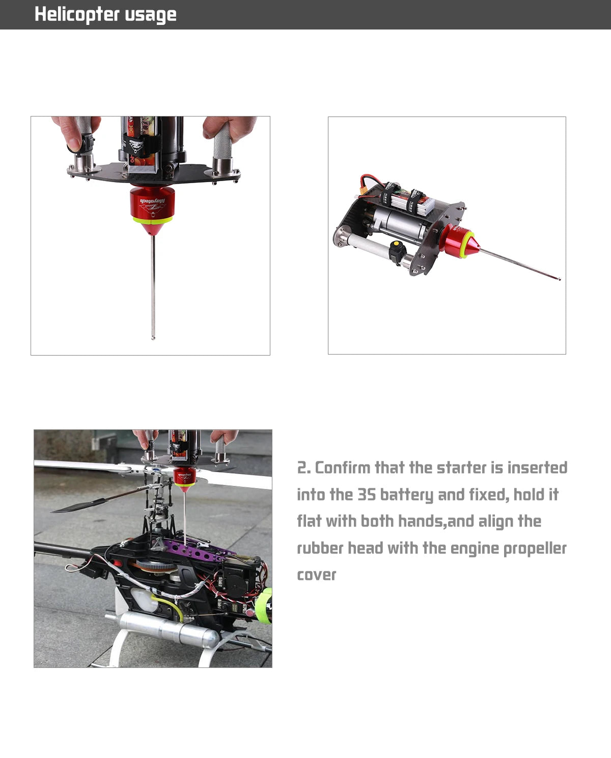 Mayatech TOC250 Terminator TOC Starter, Starter installation: Seat starter in battery pack, secure it, and position device flat with rubber tip aligned with engine propeller.