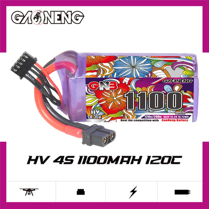 GAONENG GNB 4S HV 15.2V 1100mAh 120C Lipo Battery, GAONENG GNB 4S HV battery for FPV racing drones, features 15.2V and 1100mAh capacity with high discharge rate of 120C.