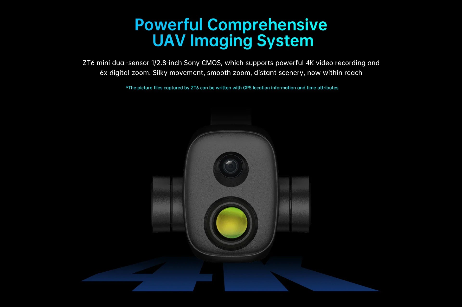 SIYI ZT6 Mini Dual Sensor Optical Pod, Compact dual-sensor system for 4K video recording with Sony CMOS camera, digital zoom, and GPS geotagging.