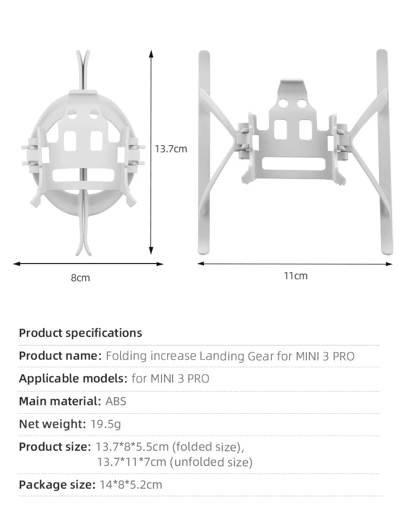Folding Landing Gear for DJI MINI 3 PRO Drone, 13.7cm 8cm IIcm Product specifications Folding increase Landing Gear for