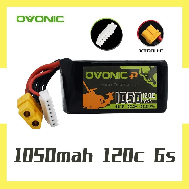 Ovonic 6S 22.2V 1050mAh 120C Lipo Battery, OVonics 6S battery: 1050mAh, 22.2V, 120C discharge, XT60 plug, suitable for RC drone applications.