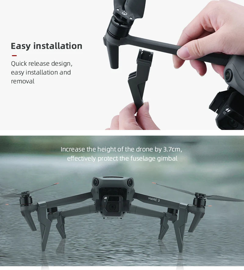 Quick Release Landing Gear, Easy installation Quick release design, easy installation and removal Increase the heightof the drone by 3.7