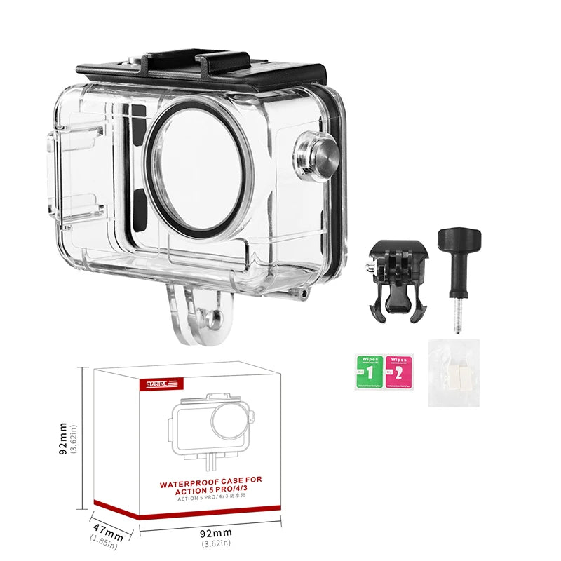 Waterproof case for Action 5 Pro/4/3, 40m depth, anti-fog, dual cold shoe, GoPro mount compatible.