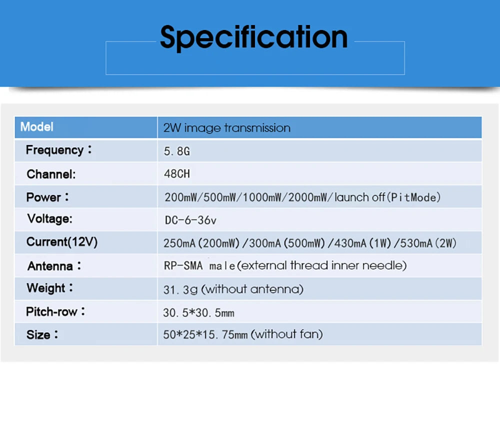 RXCRC EWRF 5.8G 2W 48CH VTX, Specification Model 2W image transmission Frequency 5.8G Channel: 48CH Power 200