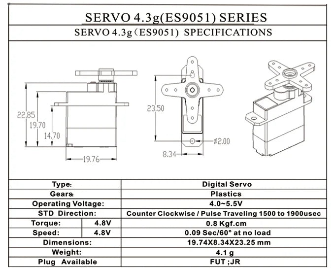 Emax ES9051 Waterproof Servo, SERVO 4.3g(ES9051) SERIES 23.50 22,85 19.