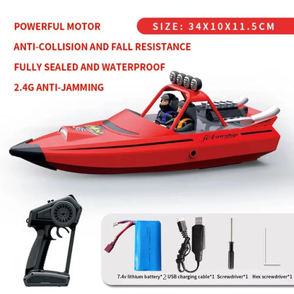 JJRC TY725 RC Boat, Durable drone with powerful motor, anti-collision, waterproof design, 2.4G anti-jamming, capsize reset, low battery alarm; includes battery, USB cable, screwdrivers; size 34x10x11.5cm.