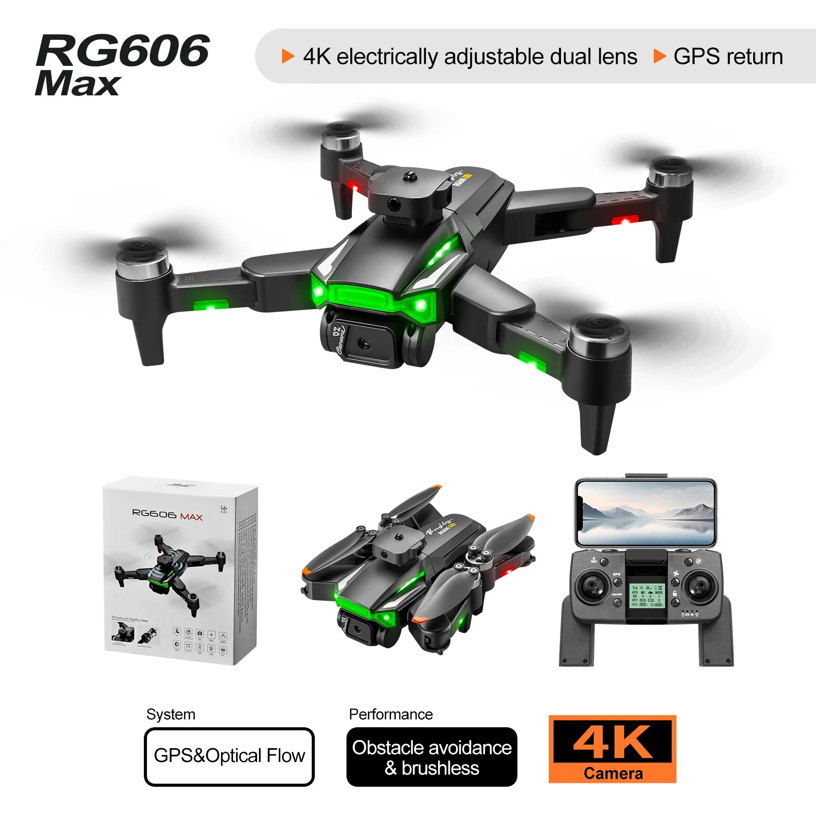 RG606 Max Drone has a 4K electrically adjustable dual lens, GPS returns, and features RGBOE MAX system with GPS and optical flow obstacle avoidance.