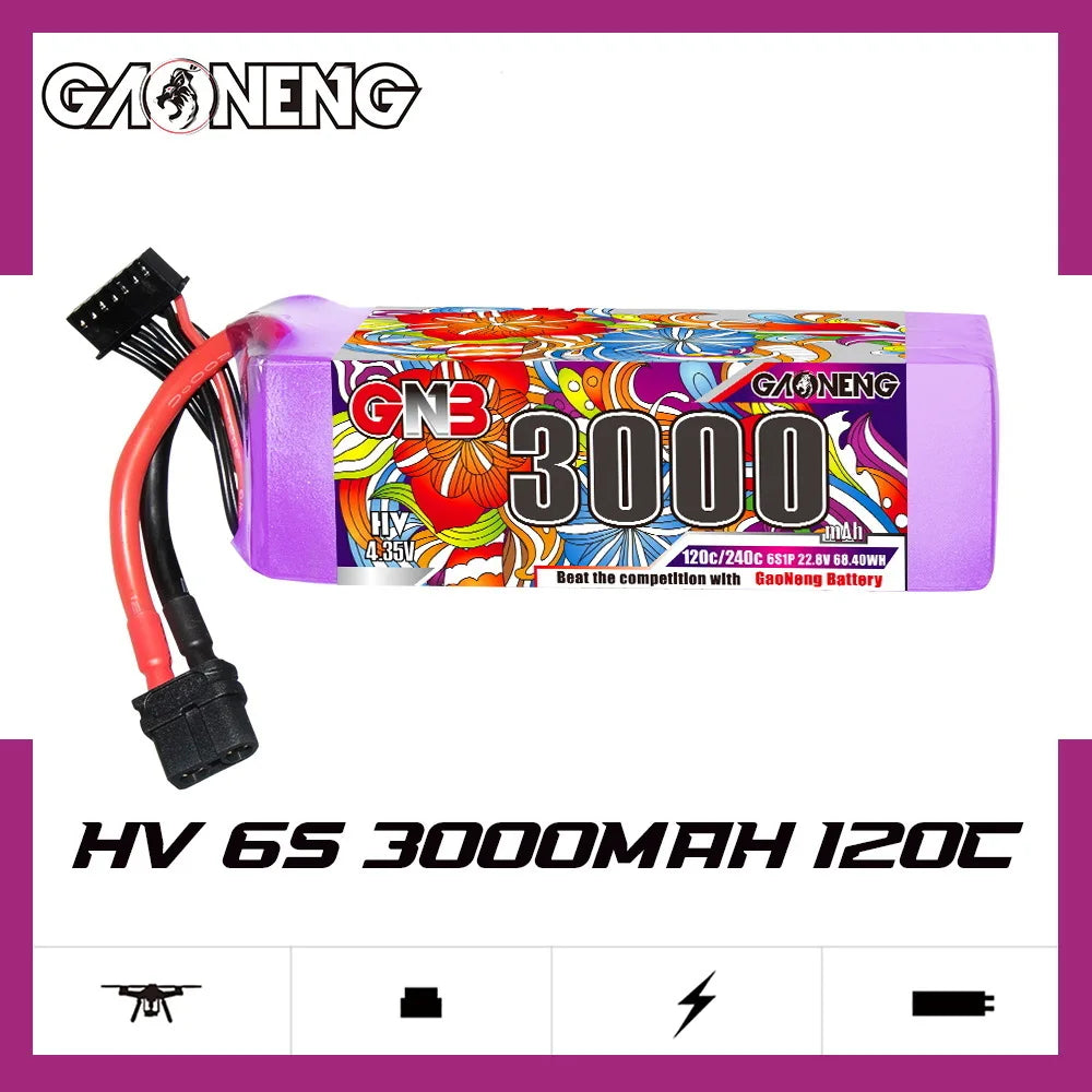 介绍图.jpg GaoNeng's 6S HV 22.8V 3000mAh 120c/240c LiPo drone battery: exceptional performance, outperforming competition with high voltage and capacity.