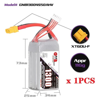 GNB 2S/3S/4S/6S 1300mAh 50C Lipo Battery For FPV Racing Drone With XT60 Plug