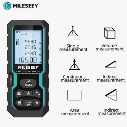MILESEEY laser distance meter: 40-100m range, ±2mm accuracy, IP54 rated, Class 1M, battery-powered; measures distance, area, volume, with continuous and indirect modes.