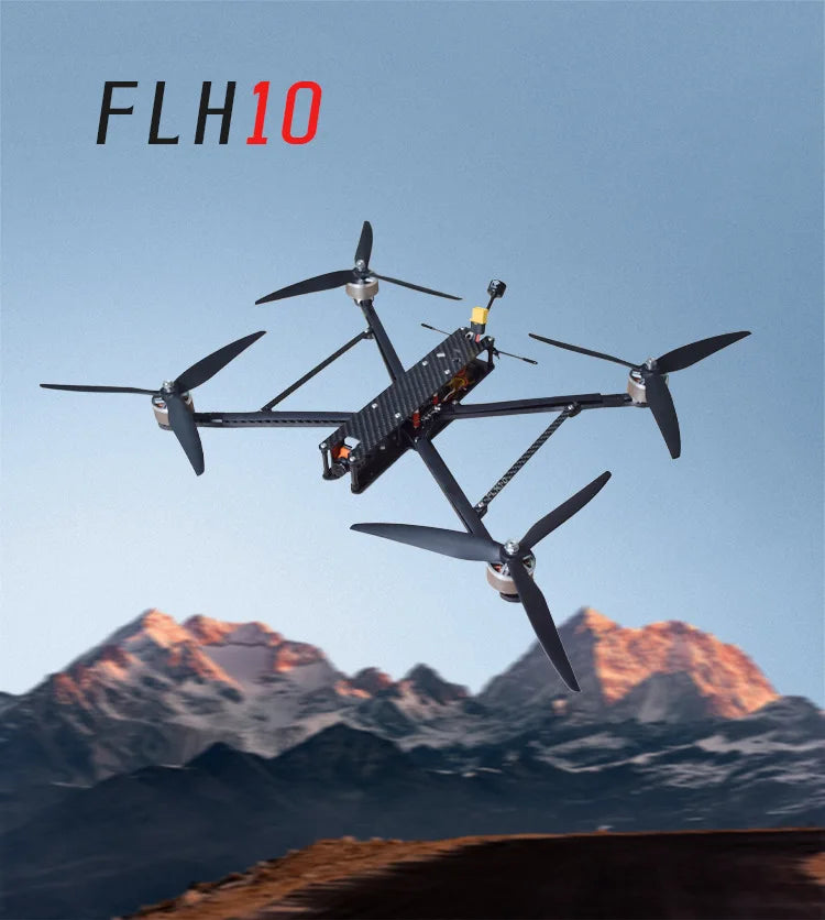 The RCDrone FLH10 10Inch FPV drone has a maximum payload of 3.5kg, flying distance of 7km/20km, and camera with 480P resolution.