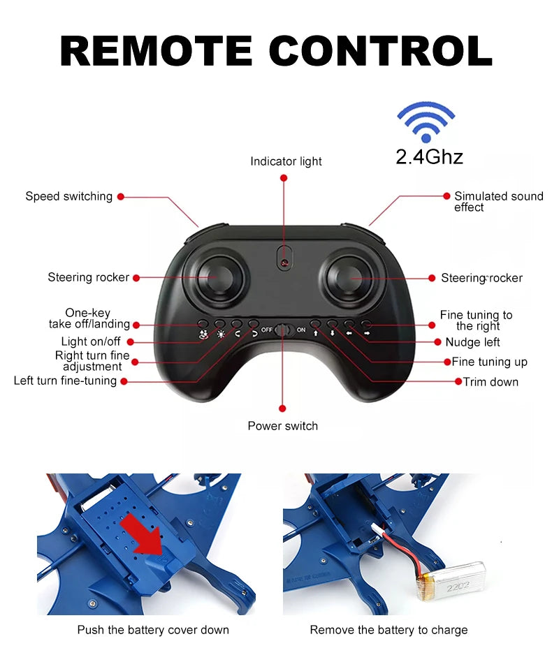 MXW New Mini Drone Dinosaur Remote Control Aircraft 2.4G Radio Control Helicopter Pterosau Drones RC Plane Children's Flying Toy 16 REMOTE CONTROL Indicator light 2.4Ghz Speed switching Simul