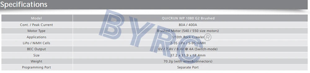 Specifications Model QUICRUN WP 1080 62 Brushed Cont; Peak Current