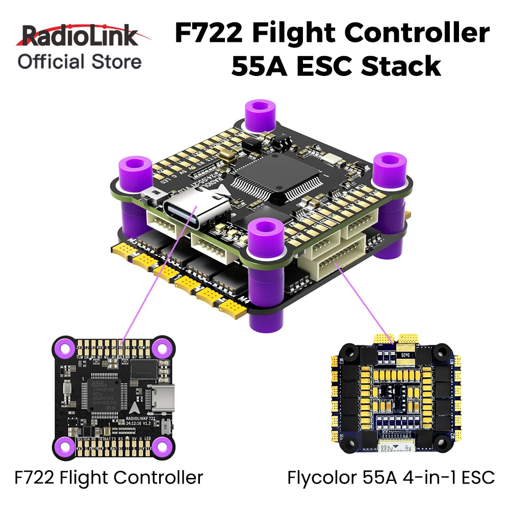 Radiolink F7 F722 8CH Flight Controller, F722 flight controller with 55A 4-in-1 ESC, SBUS/CRSF support, compatible with 3–6S batteries, compact 30.5x30.5mm size for drones.