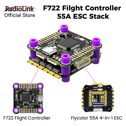 Radiolink F7 F722 8CH Flight Controller, F722 flight controller with 55A 4-in-1 ESC, SBUS/CRSF support, compatible with 3–6S batteries, compact 30.5x30.5mm size for drones.