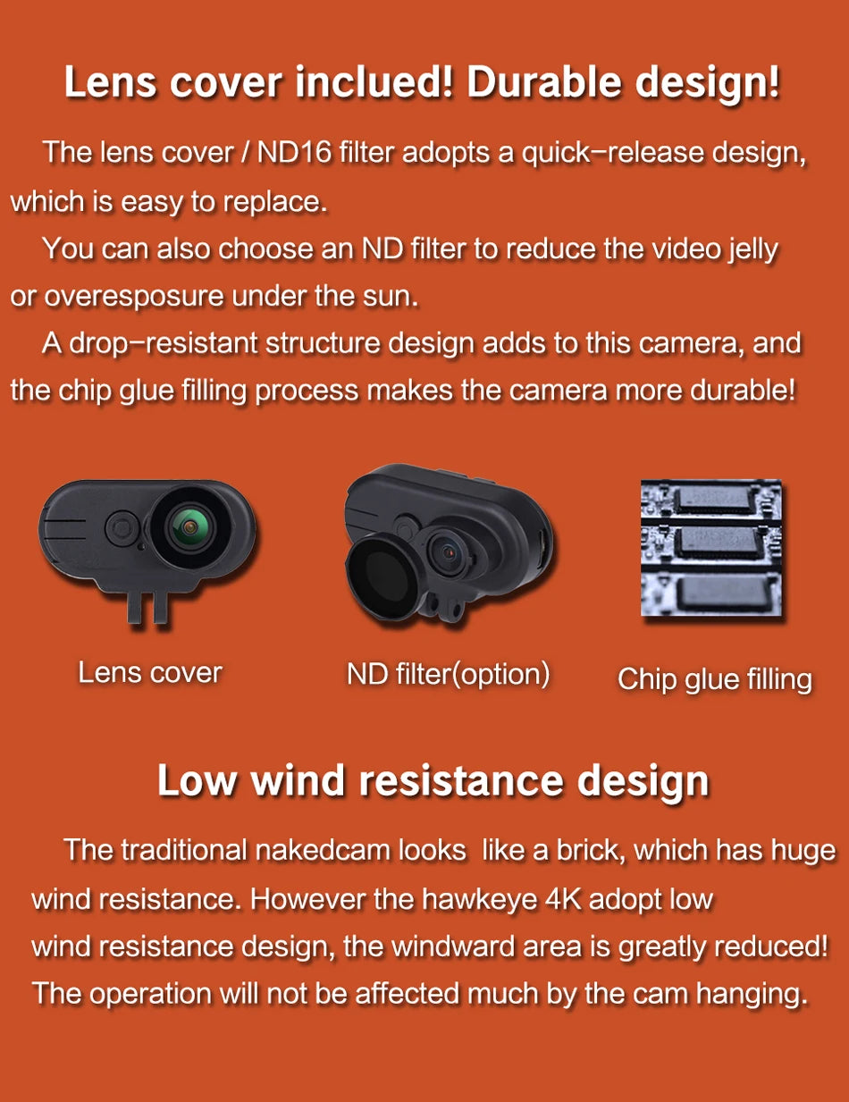 Hawkeye Thumb 4K HD FPV Camera, lens cover ND16 filter adopts a quick-release design, which is easy to