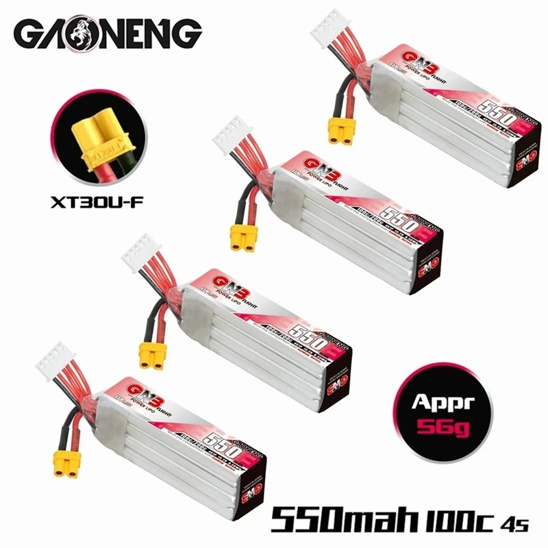 The GNB 4S HV battery features a capacity of 550mAh, voltage of 15.2V, and high discharge rate of 100C to 200C.