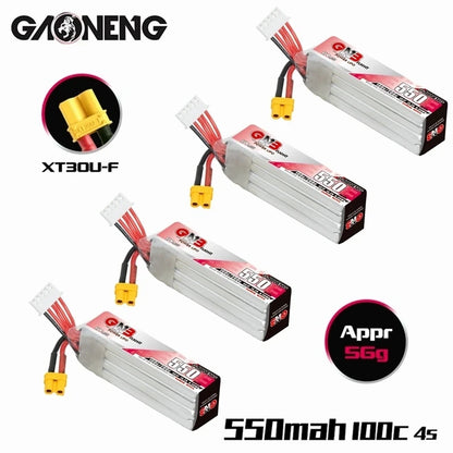 The GNB 4S HV battery features a capacity of 550mAh, voltage of 15.2V, and high discharge rate of 100C to 200C.