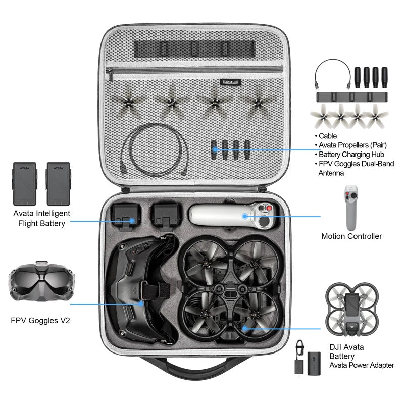 STARTRC case for DJI Avata with organized compartments for goggles, batteries, propellers, controller, charger, cable, and accessories. Durable, portable, and protective.