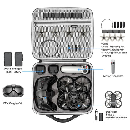 STARTRC case for DJI Avata with organized compartments for goggles, batteries, propellers, controller, charger, cable, and accessories. Durable, portable, and protective.