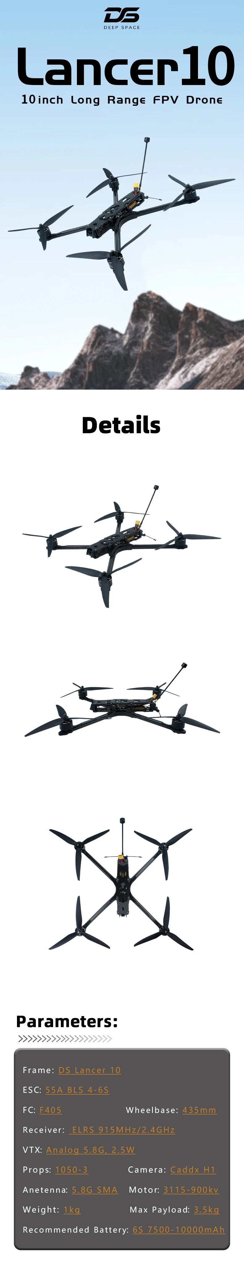 DS Lancer 10 MK1 FPV, The Deep Space Lancer drone is a powerful and versatile quadcopter designed for freestyle flying and heavy payload applications.