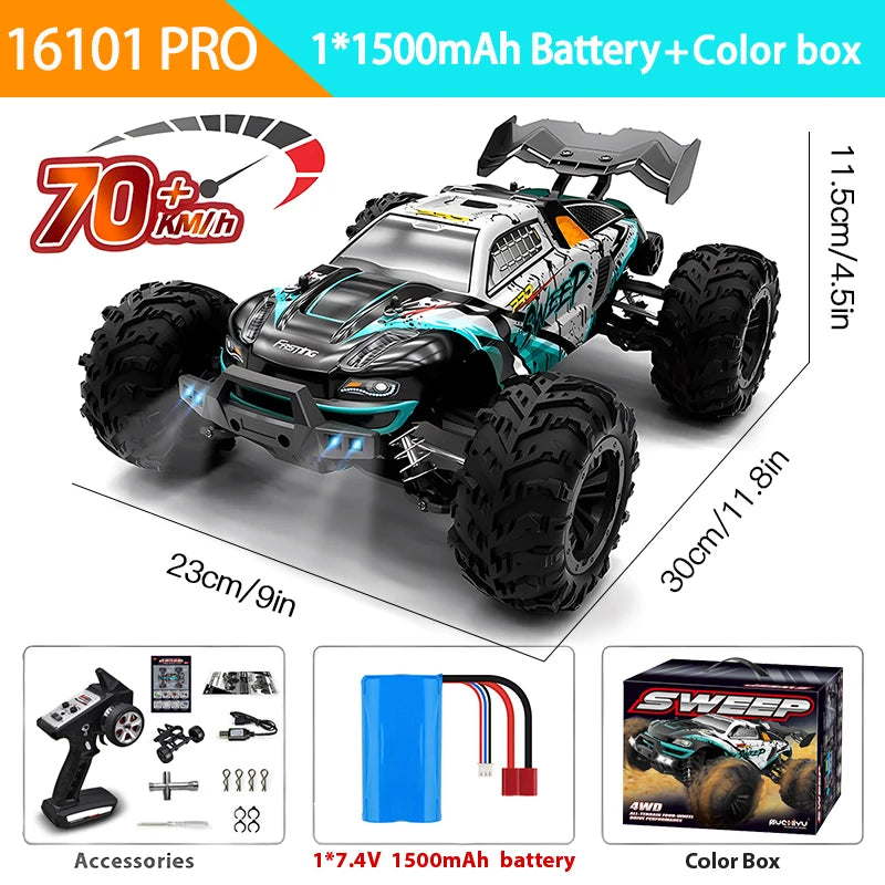 1:16 4WD RC Car, High-speed 4WD RC car with brushless motor, LED lights, metal drivetrain, 2.4G remote, and 1500mAh battery.