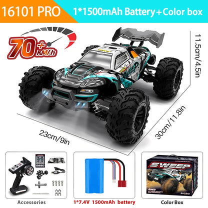 1:16 4WD RC Car, High-speed 4WD RC car with brushless motor, LED lights, metal drivetrain, 2.4G remote, and 1500mAh battery.