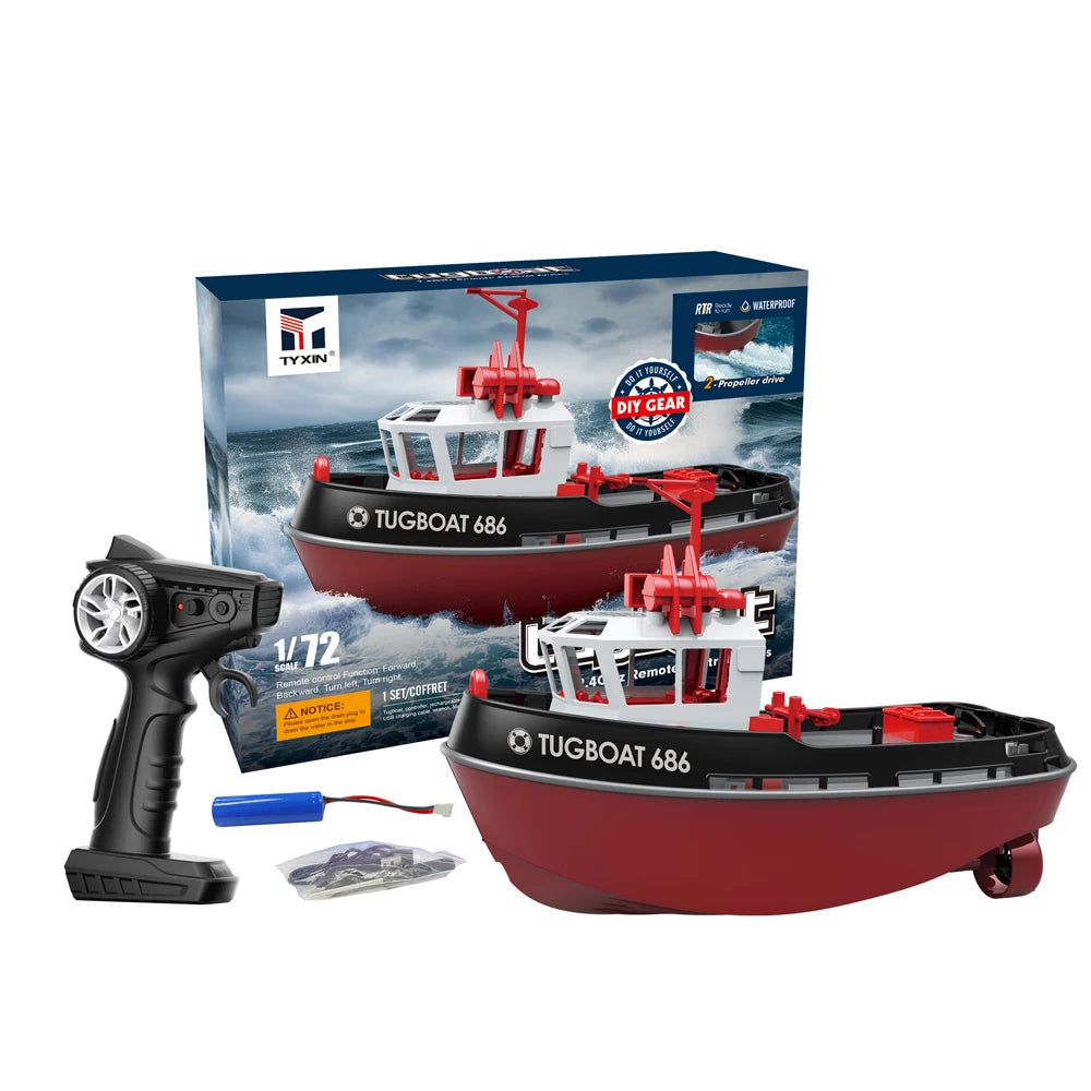 JIKEFUN 686 Remote Control Tugboat, TYXIN TUGBOAT 686: 1:72 scale, 2.4G remote, dual motor, waterproof, RTR, DIY gear, 50m range, 3.7V 600mAh battery, 15-minute runtime.
