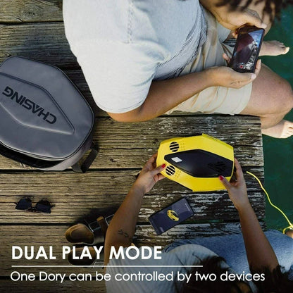 Dual Play Mode allows two devices to control one Dory drone with 1080p camera, GPS, waterproof design, and tilt-lock functionality.