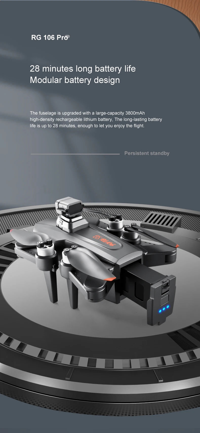 RG106 MAX Drone, a large-capacity 380OmAh high-density rechargeable lithium