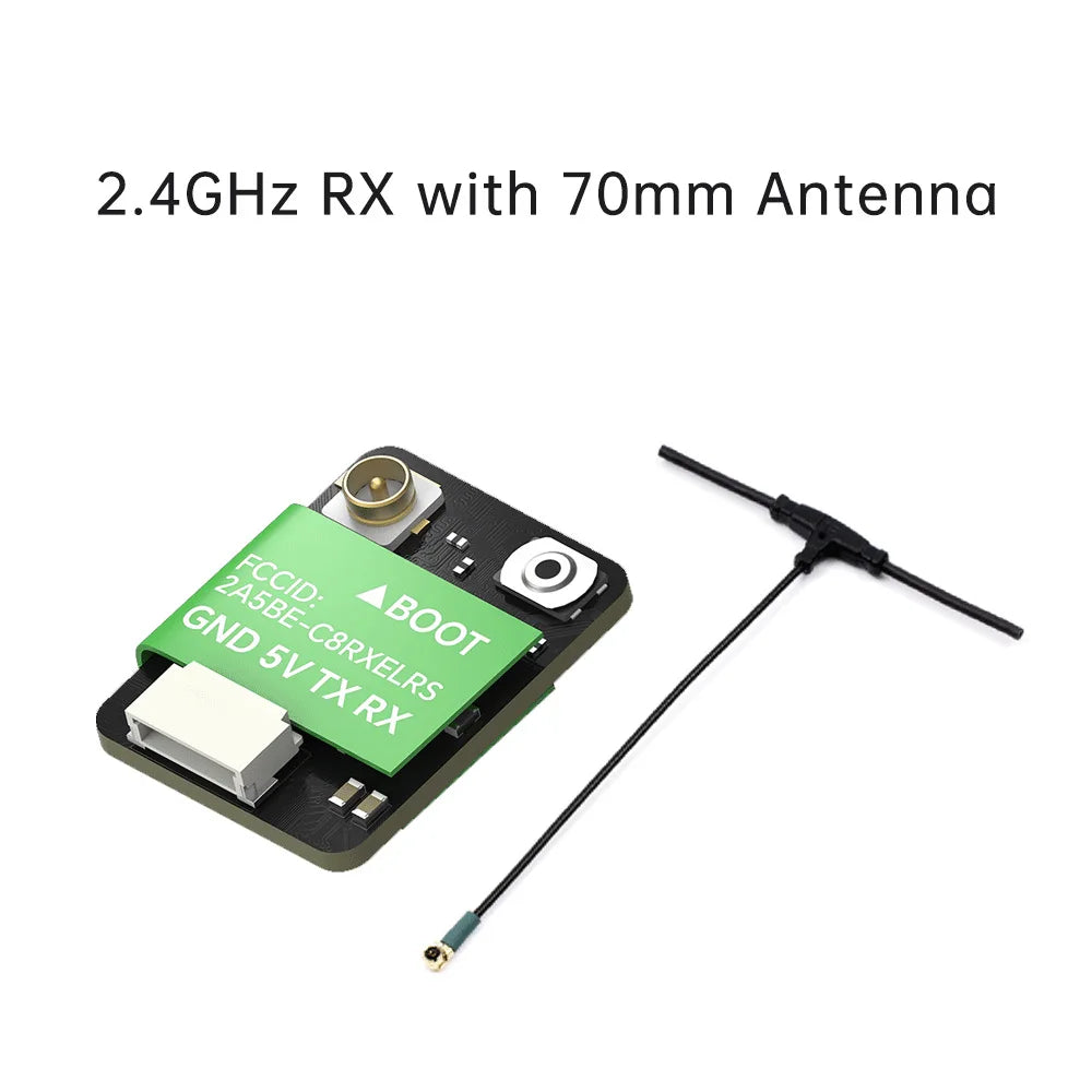 IFlight ELRS 915MHz / ELRS 2.4G Receiver, High-performance 2.4GHz receiver for RC FPV drones with 70mm antenna and FCC ID ZASBE.