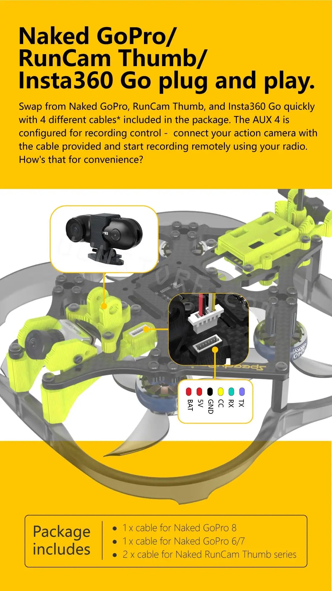 SpeedyBee Flex25 Analog, the AUX 4 is configured for recording control connect your action camera with the cable provided and