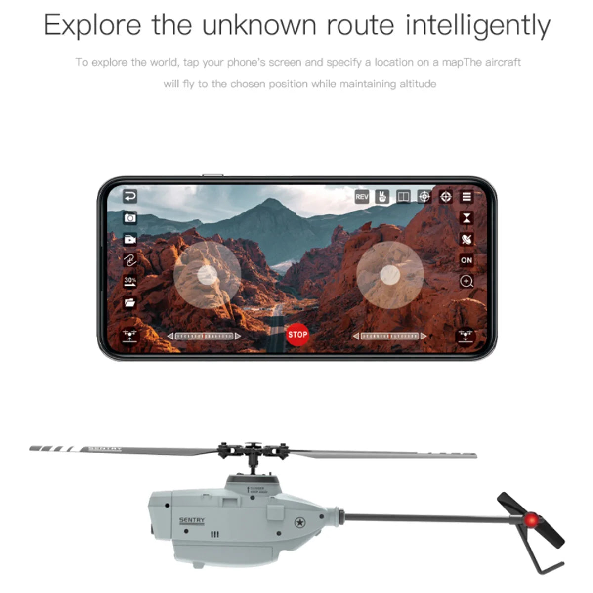 C127 2.4G RC Helicopter, aircraft will fly to the choson position while maintaining altitude . tap your phone'