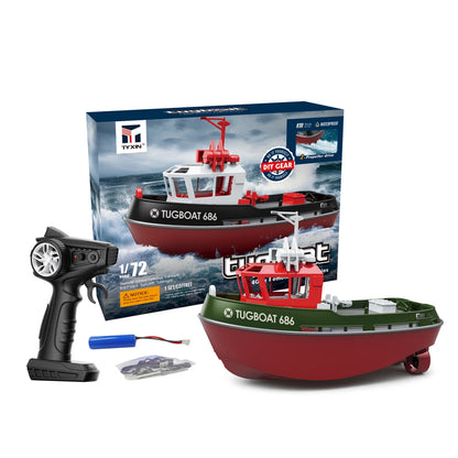 JIKEFUN 686 Remote Control Tugboat, TUGBOAT 686: 1:72 scale, dual motor, 50m range, 3.7V 600mAh battery, 15min runtime, RTR, waterproof, DIY, remote control with forward, backward, left, and right functions.