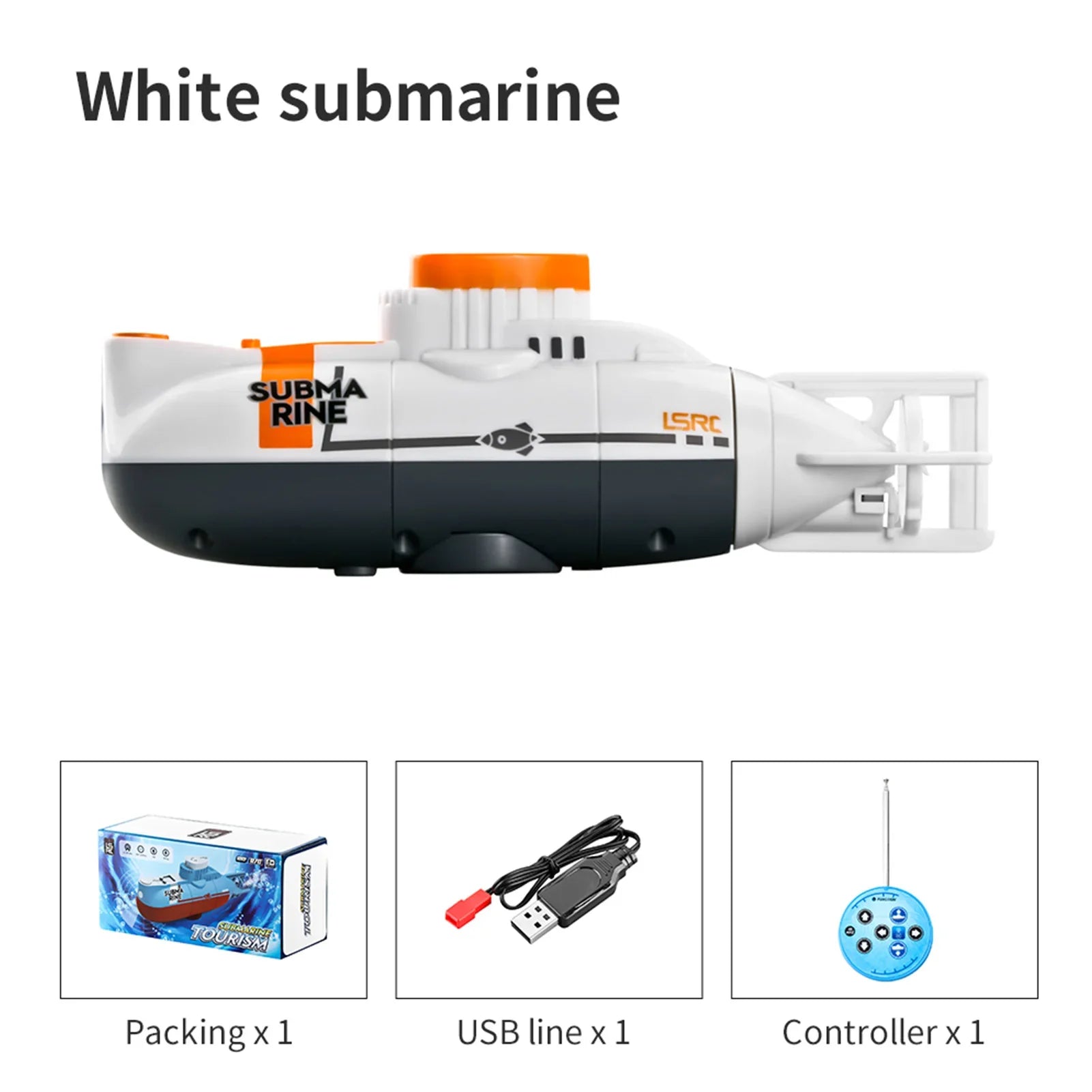 RC Boat, White RC submarine toy with 6-channel waterproof design, 0.1m/s speed, 23–25 min runtime, 35 min charge; includes packaging, USB cable, and controller.