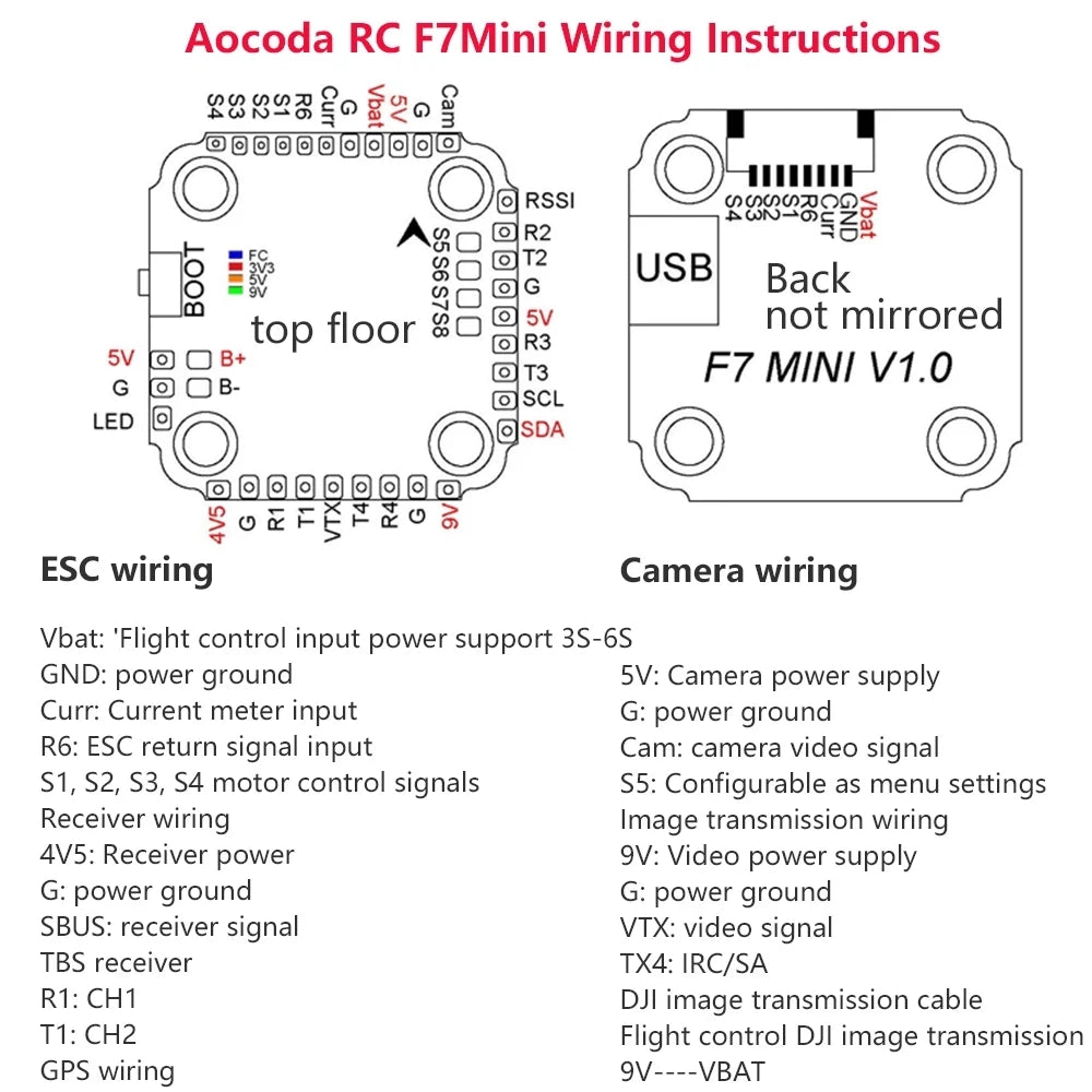 Aocoda-RC F7 MINI V1.0 Flight Controller, Aocoda RC F7Mini Wiring Instructions 28893Z