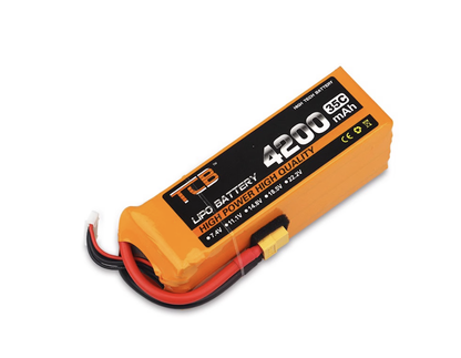 TCB 4200mAh 35C LiPo Battery, High-performance TCB 4200mAh 35C LiPo battery, 7.4V–22.2V, XT60 plug, ideal for RC models.