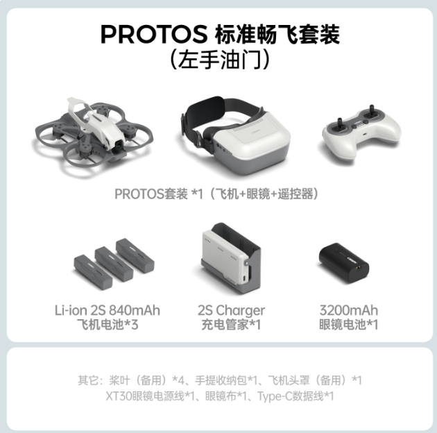 CaddxFPV, PROTOS RTF kit includes drone, goggles, controller, batteries, charger, accessories, and left-hand throttle setup.