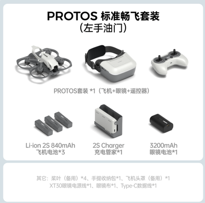 CaddxFPV, PROTOS RTF kit includes drone, goggles, controller, batteries, charger, accessories, and left-hand throttle setup.